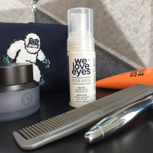Load image into Gallery viewer, We Love Eyes Eyelid Foaming Cleanser for Men as a part of a men's dopp kit